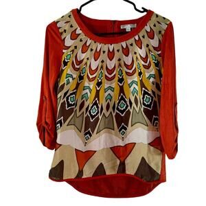 Alberto Makali Orange Abstract Print Women Size Small Designer Fashion Top